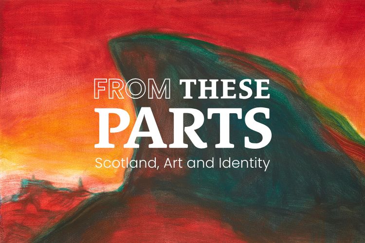 Painting of a rock with exhibition title on top