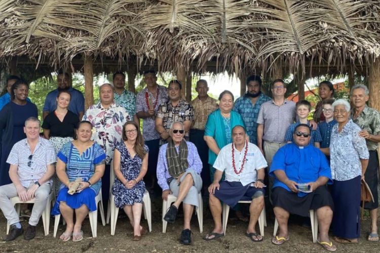 Project team and guests including His Highness Tui Atua Tupua Tamasese Efi, former Head of State of Samoa, at launch of drums and fale, NUS, July 2024. Image courtesy of National University of Samoa