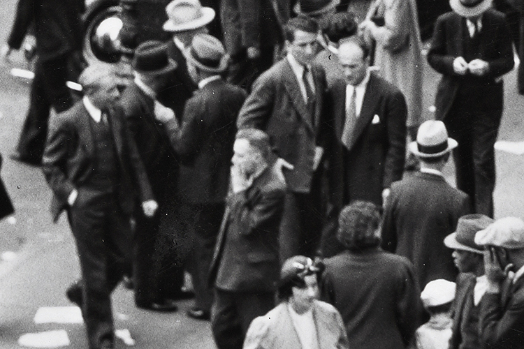 People on a busy New York City street in 1936, a few with their hands to their faces as if upset or hiding from the camera. Background photo for the Hightstown project. Courtesy The New York Public Library on Unsplash