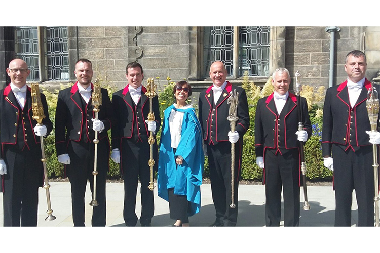 Dr Kelly Macatangay with University macebearers, Graduation, June 2019