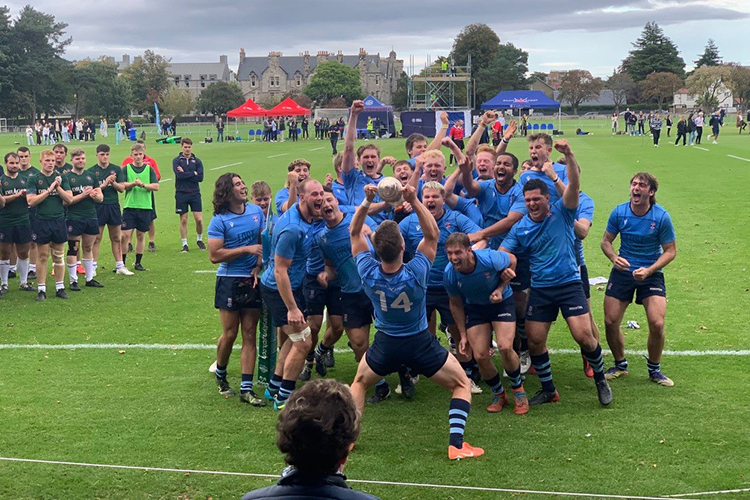 St Andrews men's rugby team celebrate winning Scottish Varsity Match Trophy 2021