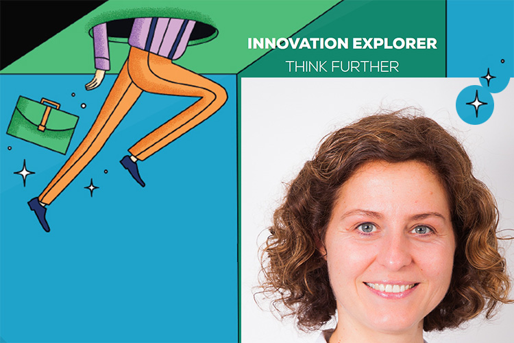 Sandra Romenska shown with a graphic of start and a person with a briefcase leaping upward into a hole and the words 'innovation explorer - think further'