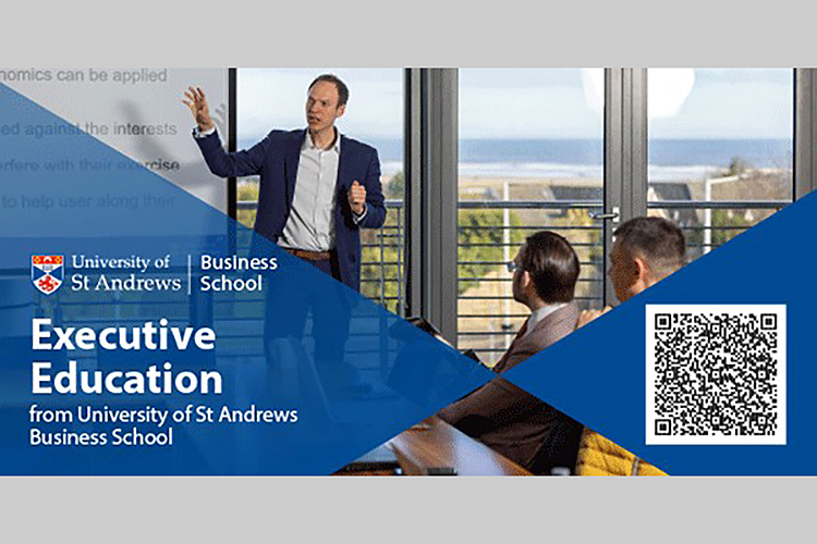 lecturer and students in front of vista to the sea, with text Executive Education from University of St Andrews Business School