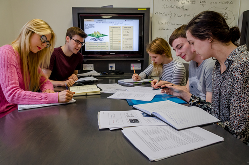 Sevreal students discussing tutorial questions in the group study area.