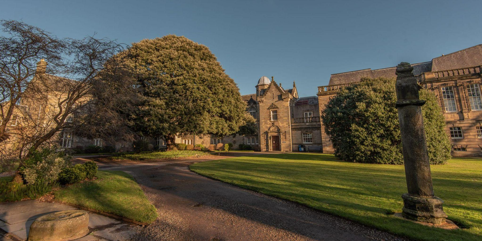 Historic buildings, grass and trees