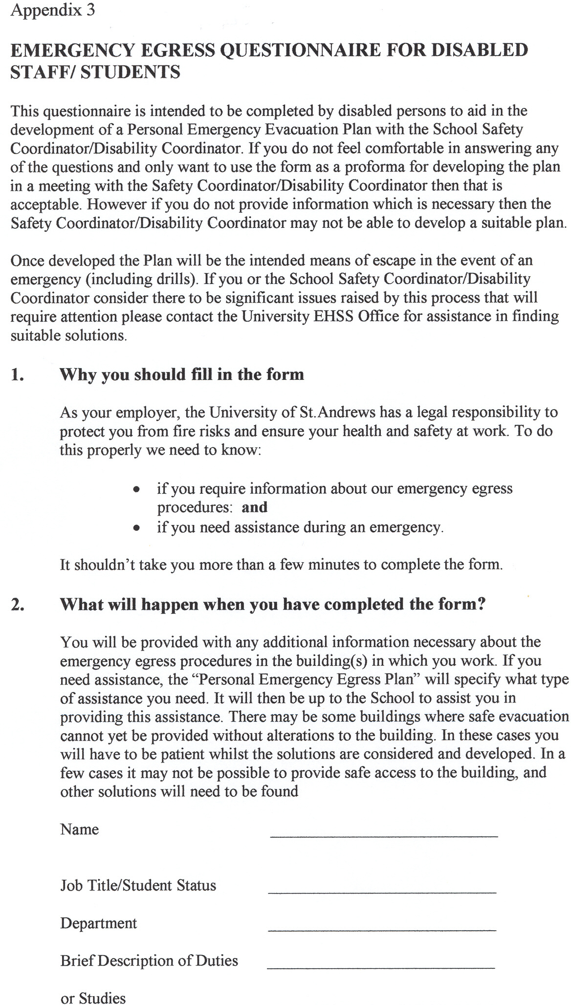 Emergency Egress Questionnaire for Disabled Staff / Students